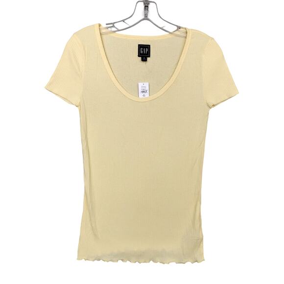 GAP Ribbed Tee Size Small Tall Yellow Lettuce Edge Short Sleeve Plunge Neckline - Picture 1 of 5